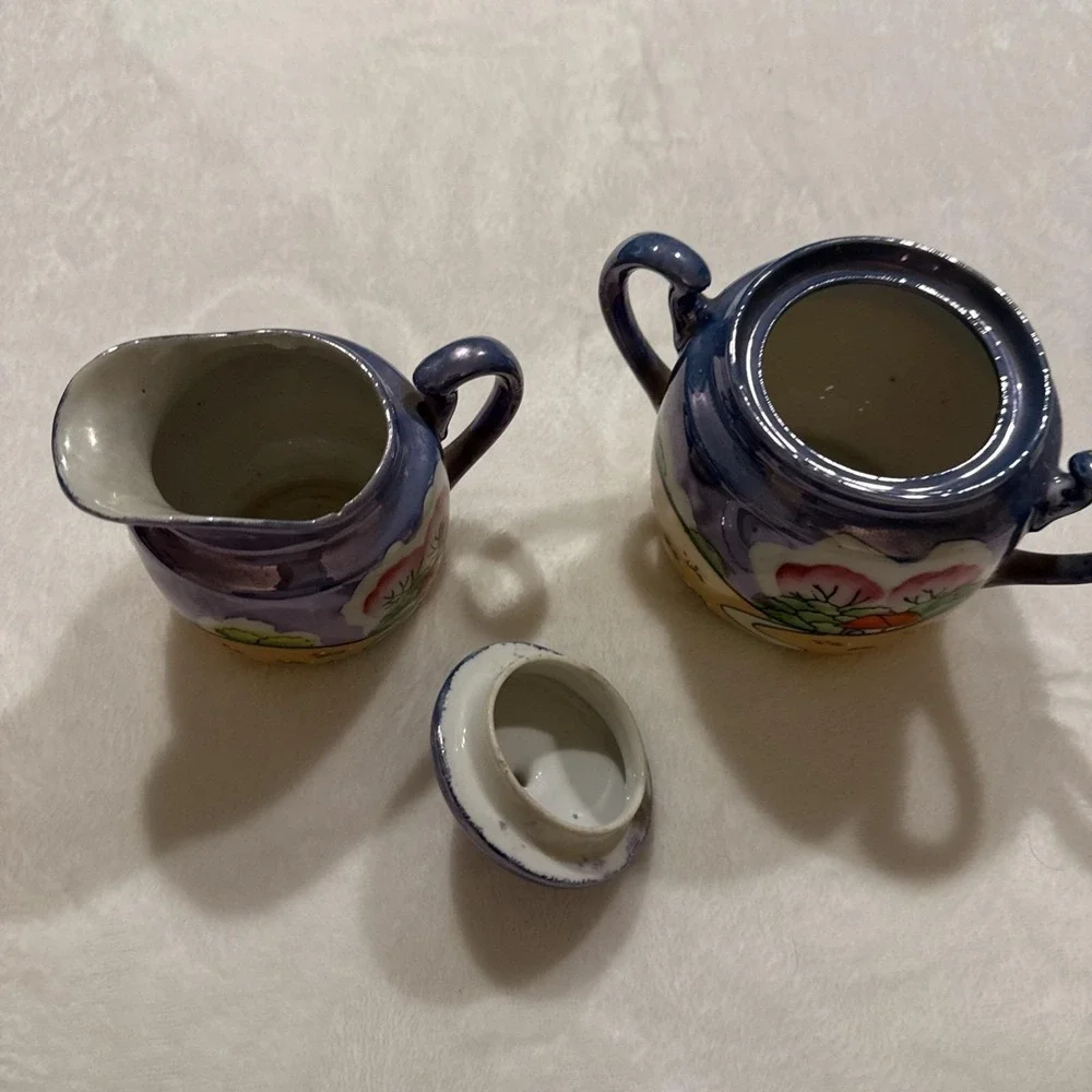 Vintage Japan Lusterware Creamer & Sugar Bowl Blue Peach Road Scene